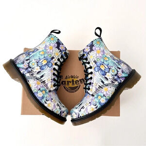 DR. MARTENS | Pascal Paint Slick Backhand Purple White Floral Drip Boots US 7